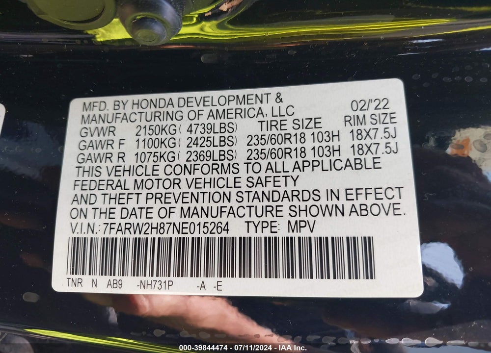 2022 HONDA CR-V AWD EX-L VIN: 7FARW2H87NE015264