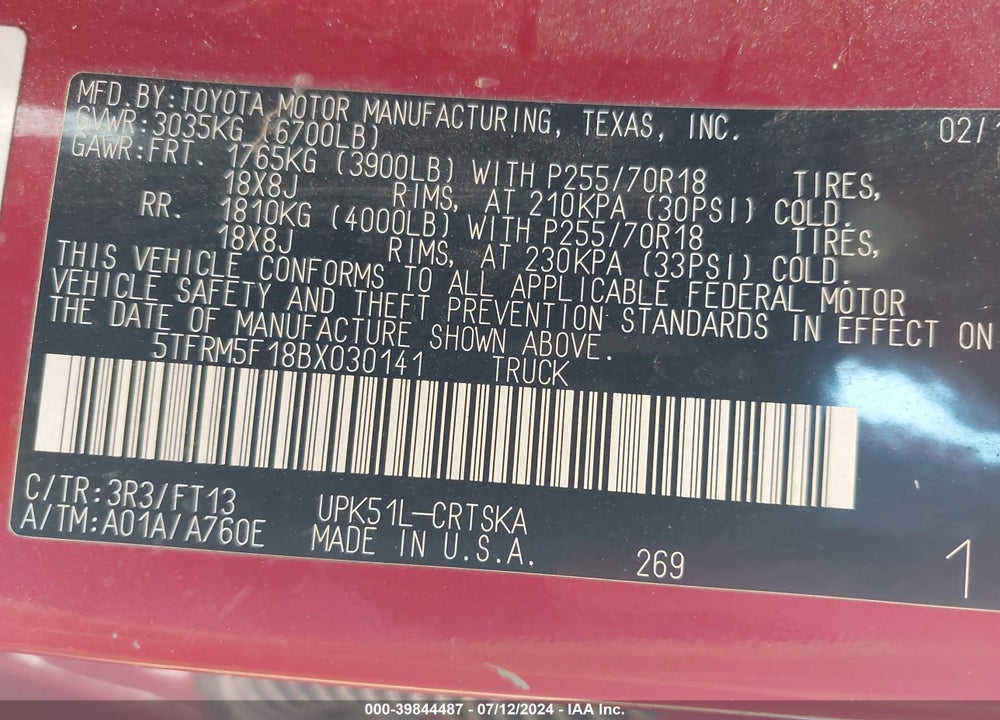 2011 TOYOTA TUNDRA GRADE 4.6L V8 VIN: 5TFRM5F18BX030141