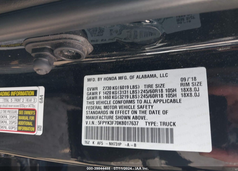 2019 HONDA RIDGELINE RTL-E VIN: 5FPYK3F70KB017637
