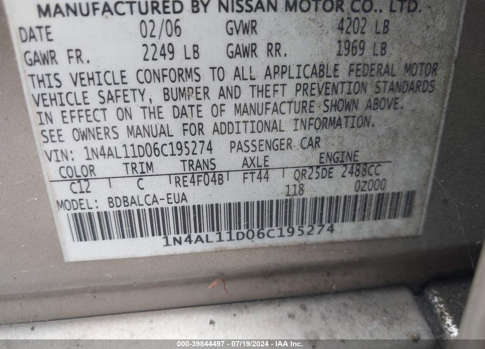 2006 NISSAN ALTIMA 2.5 S VIN: 1N4AL11D06C195274