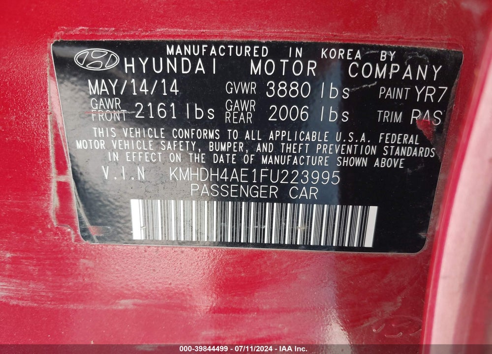 2015 HYUNDAI ELANTRA SE VIN: KMHDH4AE1FU223995