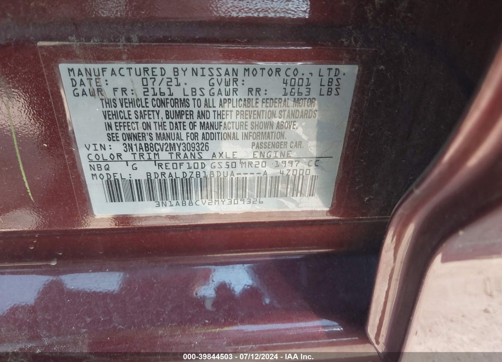 2021 NISSAN SENTRA SV XTRONIC CVT VIN: 3N1AB8CV2MY309326