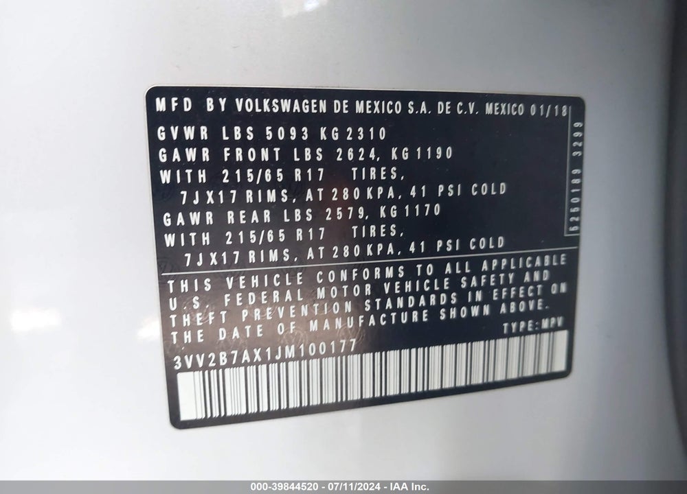 2018 VOLKSWAGEN TIGUAN 2.0T SE/2.0T SEL VIN: 3VV2B7AX1JM100177