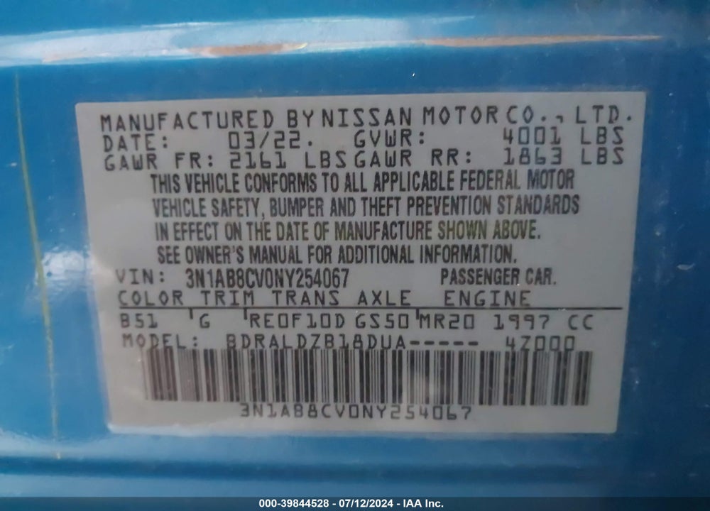 2022 NISSAN SENTRA SV XTRONIC CVT VIN: 3N1AB8CV0NY254067