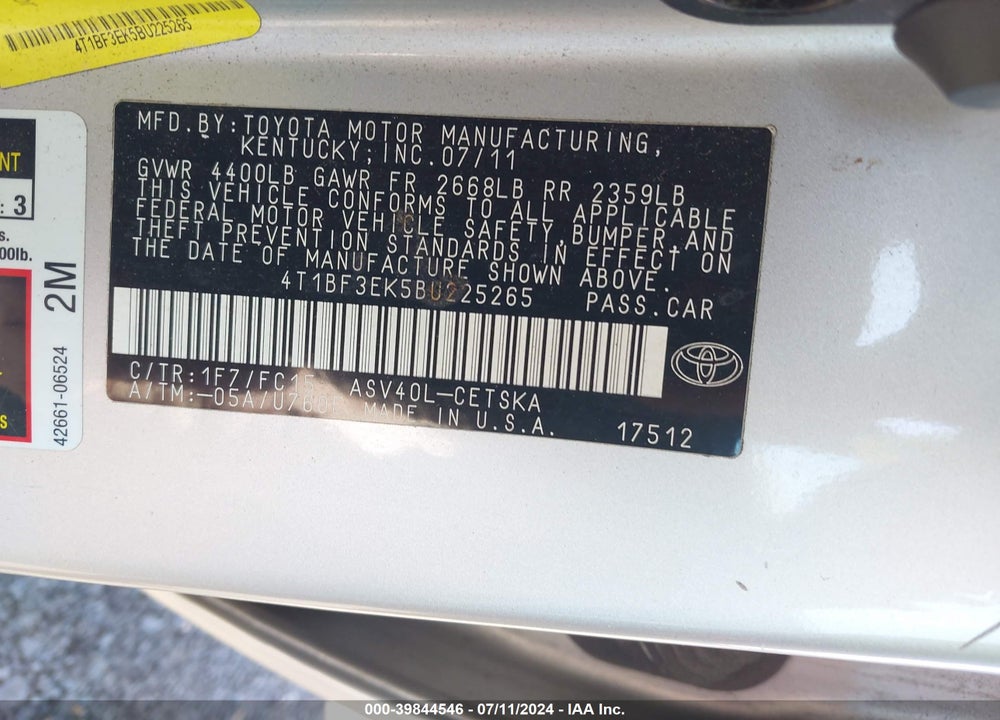 2011 TOYOTA CAMRY SE VIN: 4T1BF3EK5BU225265