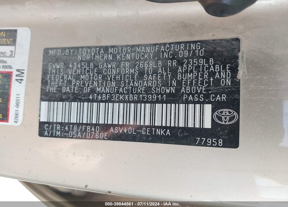 2011 TOYOTA CAMRY LE VIN: 4T4BF3EKXBR139911