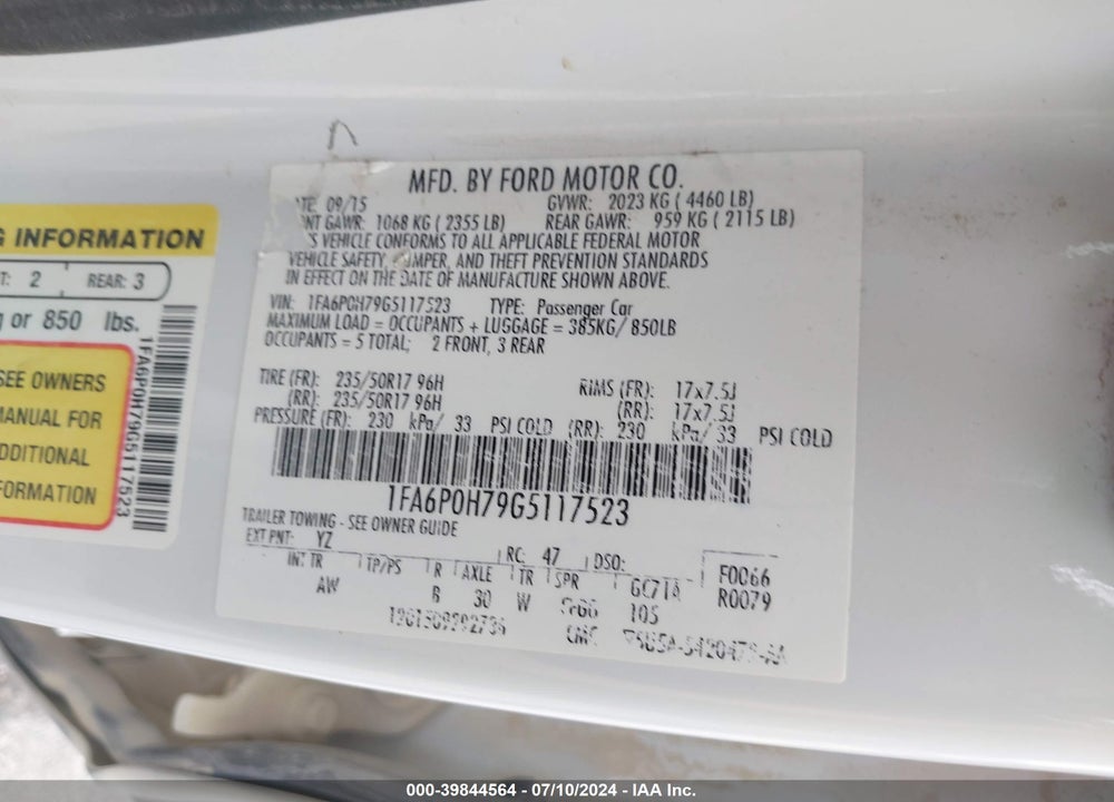2016 FORD FUSION SE VIN: 1FA6P0H79G5117523