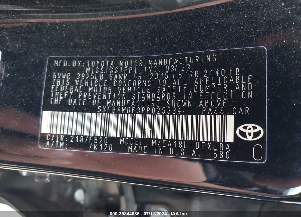 2023 TOYOTA COROLLA LE VIN: 5YFB4MDE3PP025534