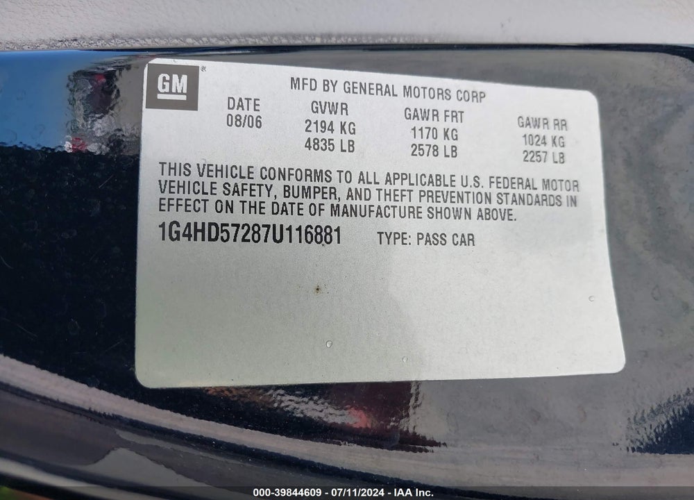 2007 BUICK LUCERNE CXL VIN: 1G4HD57287U116881