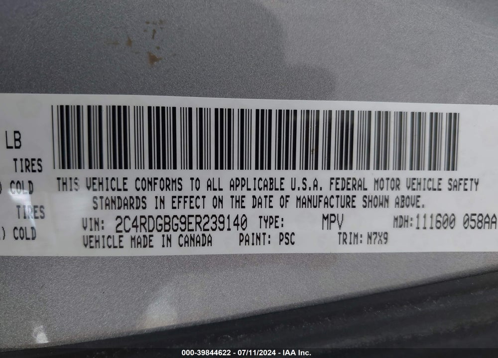2014 DODGE GRAND CARAVAN SE VIN: 2C4RDGBG9ER239140