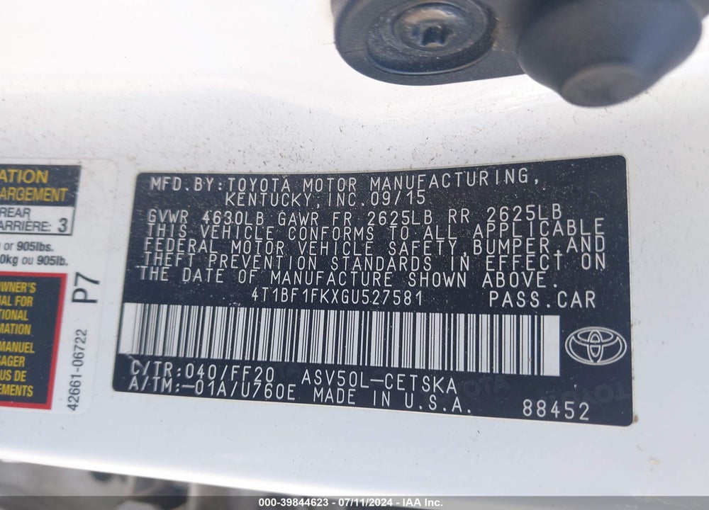 2016 TOYOTA CAMRY SE VIN: 4T1BF1FKXGU527581