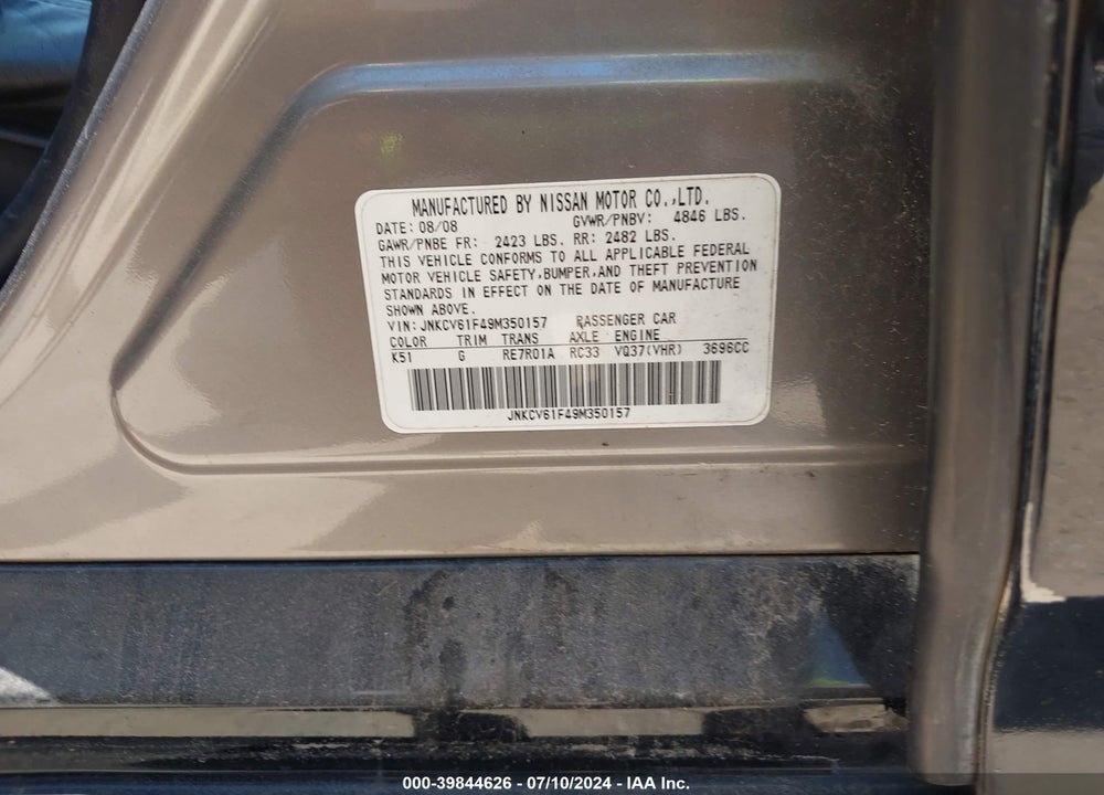 2009 INFINITI G37X VIN: JNKCV61F49M350157