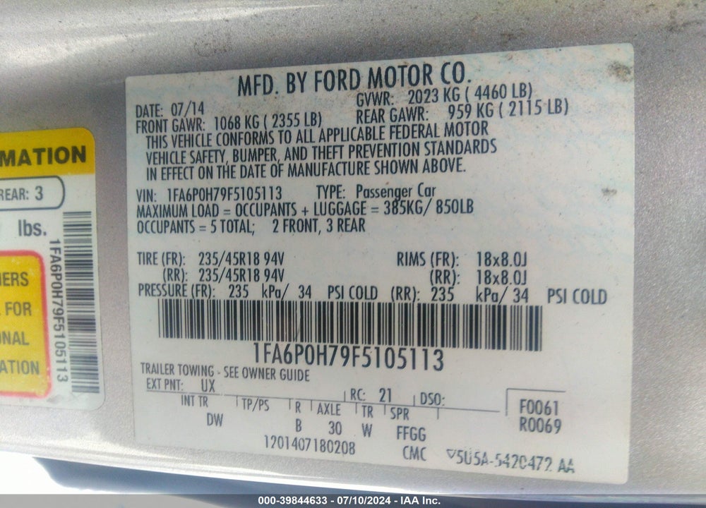 2015 FORD FUSION SE VIN: 1FA6P0H79F5105113