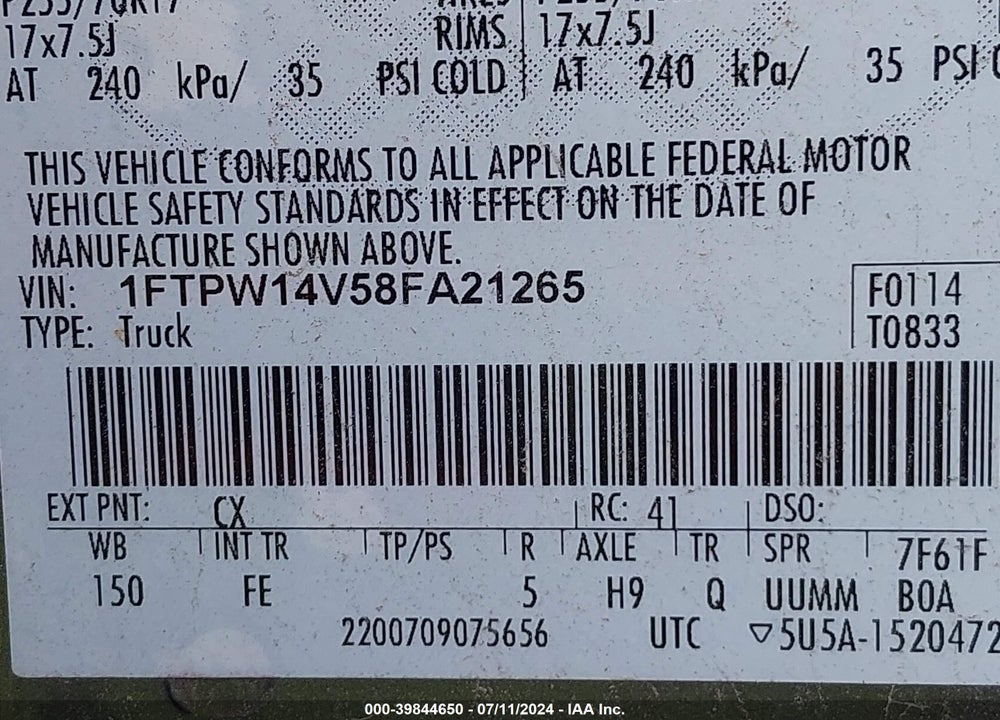 2008 FORD F-150 XLT VIN: 1FTPW14V58FA21265