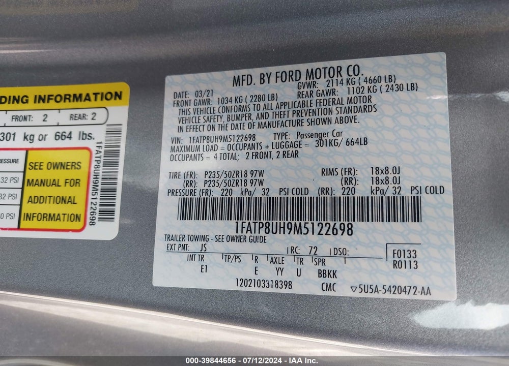 2021 FORD MUSTANG ECOBOOST PREMIUM VIN: 1FATP8UH9M5122698