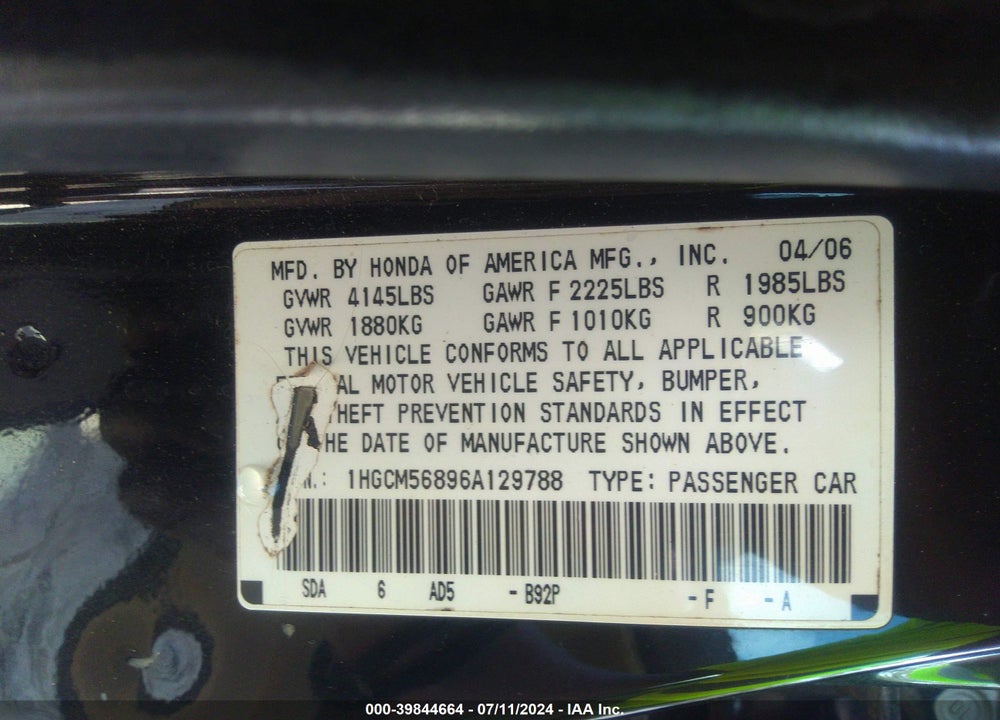 2006 HONDA ACCORD VIN: 1HGCM56896A129788