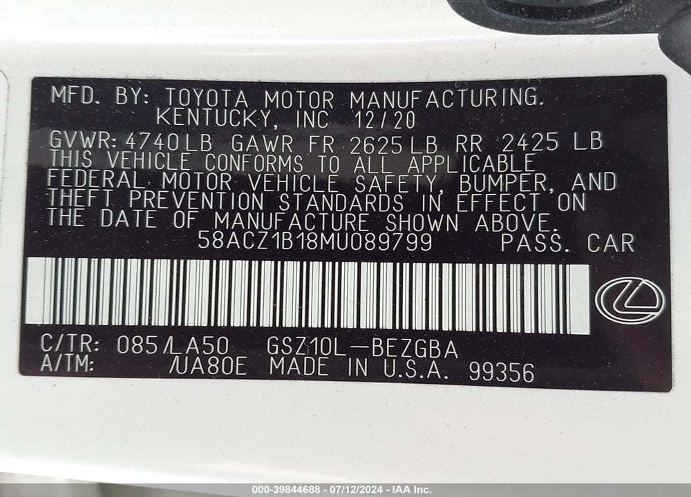 2021 LEXUS ES 350 VIN: 58ACZ1B18MU089799