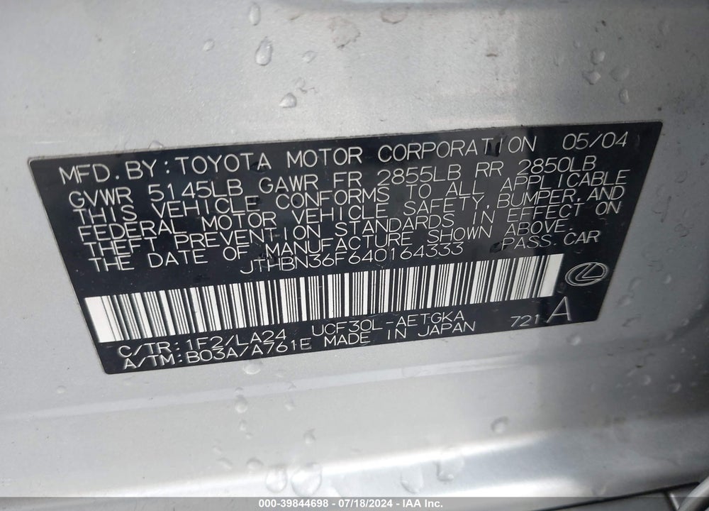 2004 LEXUS LS 430 VIN: JTHBN36F640164333