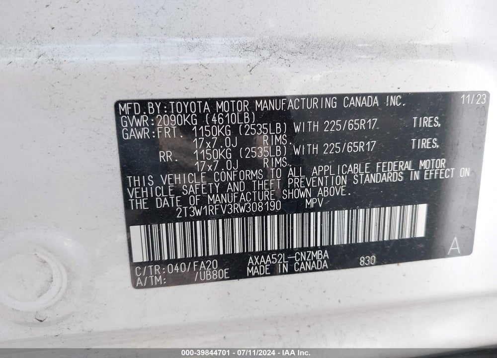 2024 TOYOTA RAV4 XLE VIN: 2T3W1RFV3RW308190