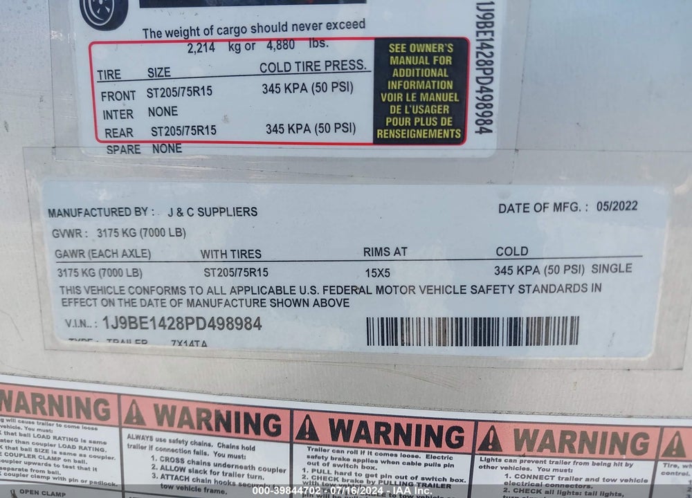 2023 TRAILER OTHER VIN: 1J9BE1428PD498984
