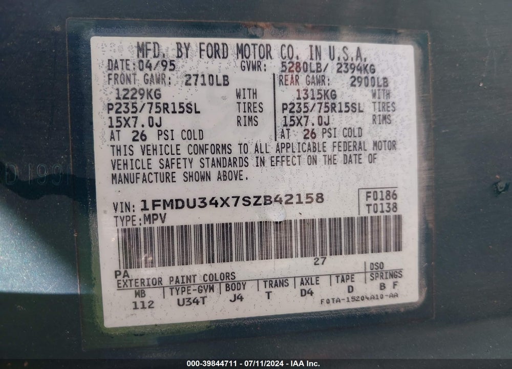 1995 FORD EXPLORER VIN: 1FMDU34X7SZB42158
