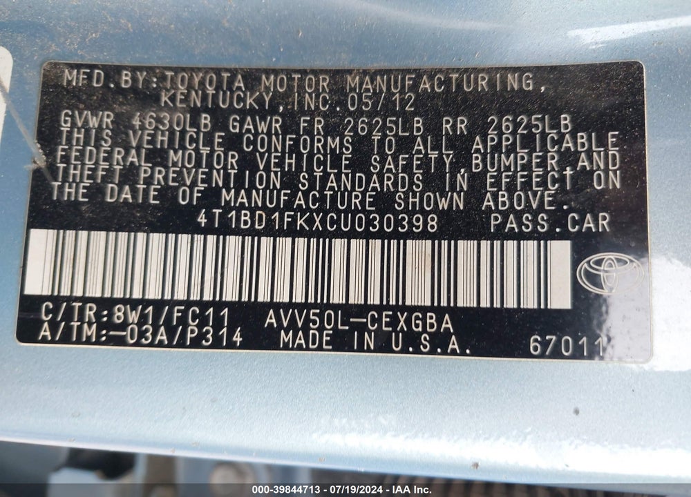 2012 TOYOTA CAMRY HYBRID XLE VIN: 4T1BD1FKXCU030398