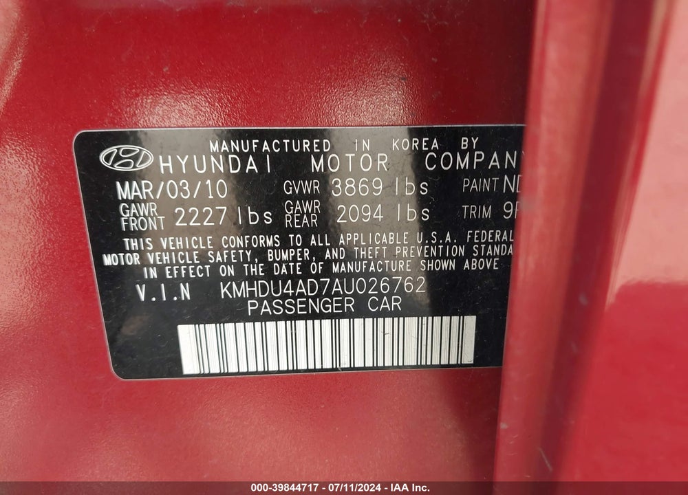 2010 HYUNDAI ELANTRA SE VIN: KMHDU4AD7AU026762