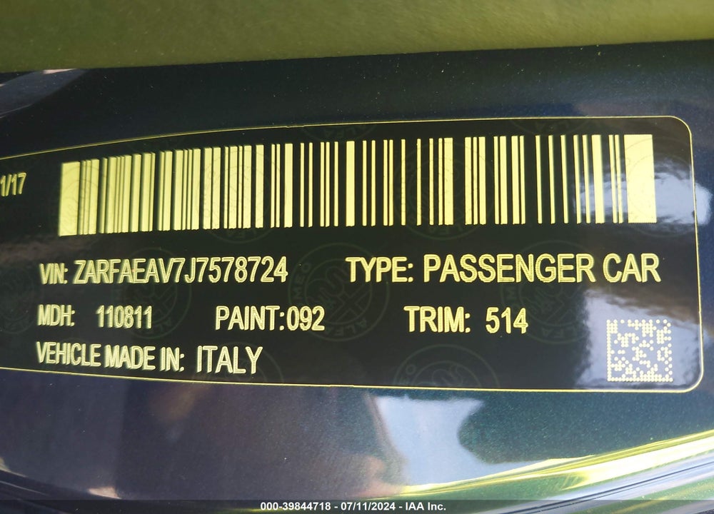 2018 ALFA ROMEO GIULIA QUADRIFOGLIO RWD VIN: ZARFAEAV7J7578724