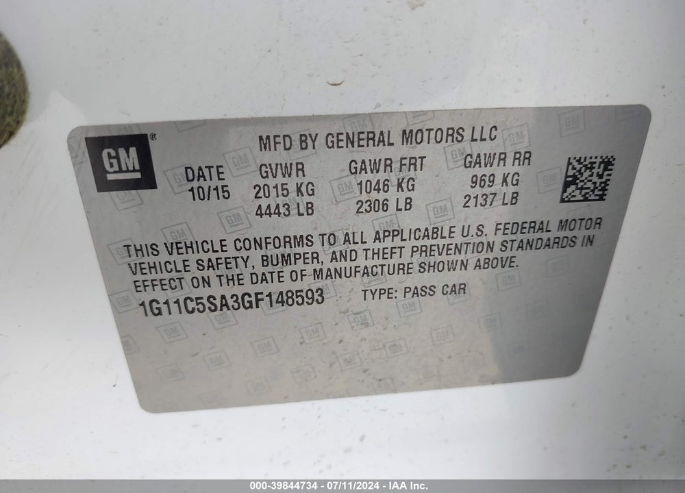 2016 CHEVROLET MALIBU LIMITED LT VIN: 1G11C5SA3GF148593