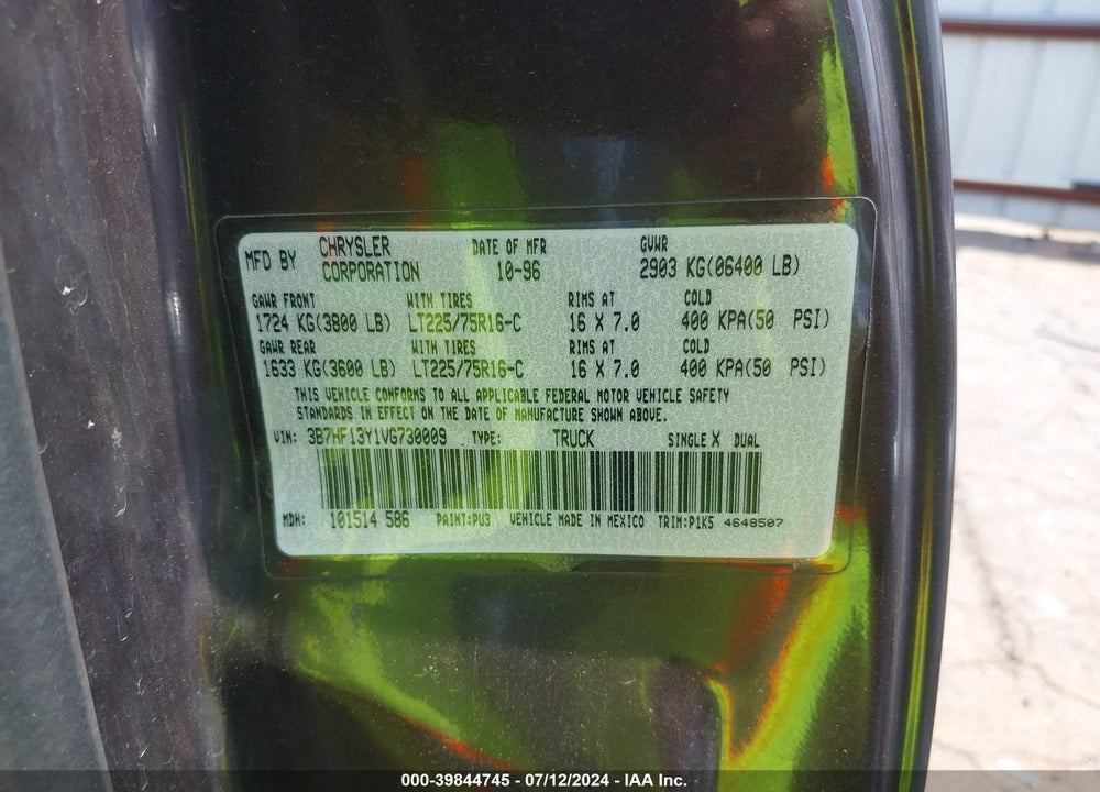1997 DODGE RAM 1500 ST VIN: 3B7HF13Y1VG730009
