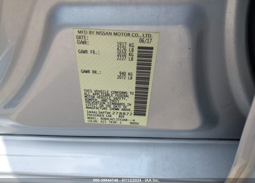 2017 NISSAN ALTIMA 2.5 SR VIN: 1N4AL3AP7HC278872