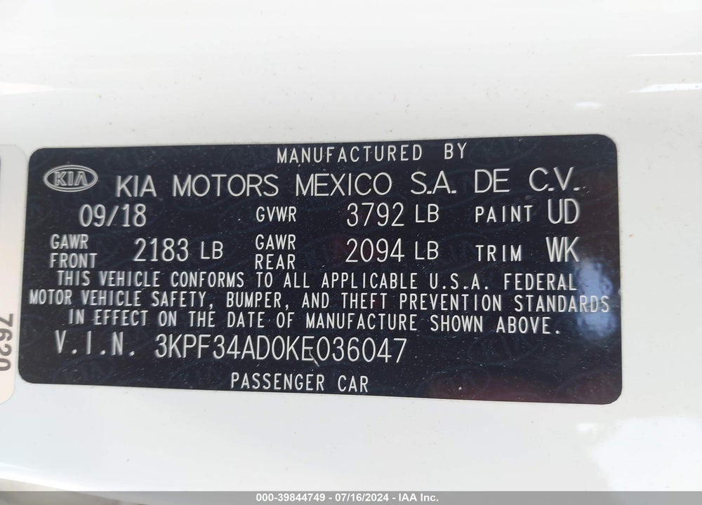 2019 KIA FORTE S VIN: 3KPF34AD0KE036047