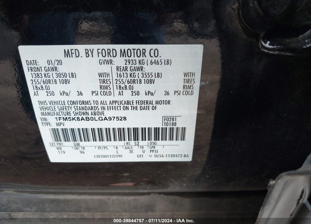 2020 FORD POLICE INTERCEPTOR UTILITY VIN: 1FM5K8AB0LGA97528