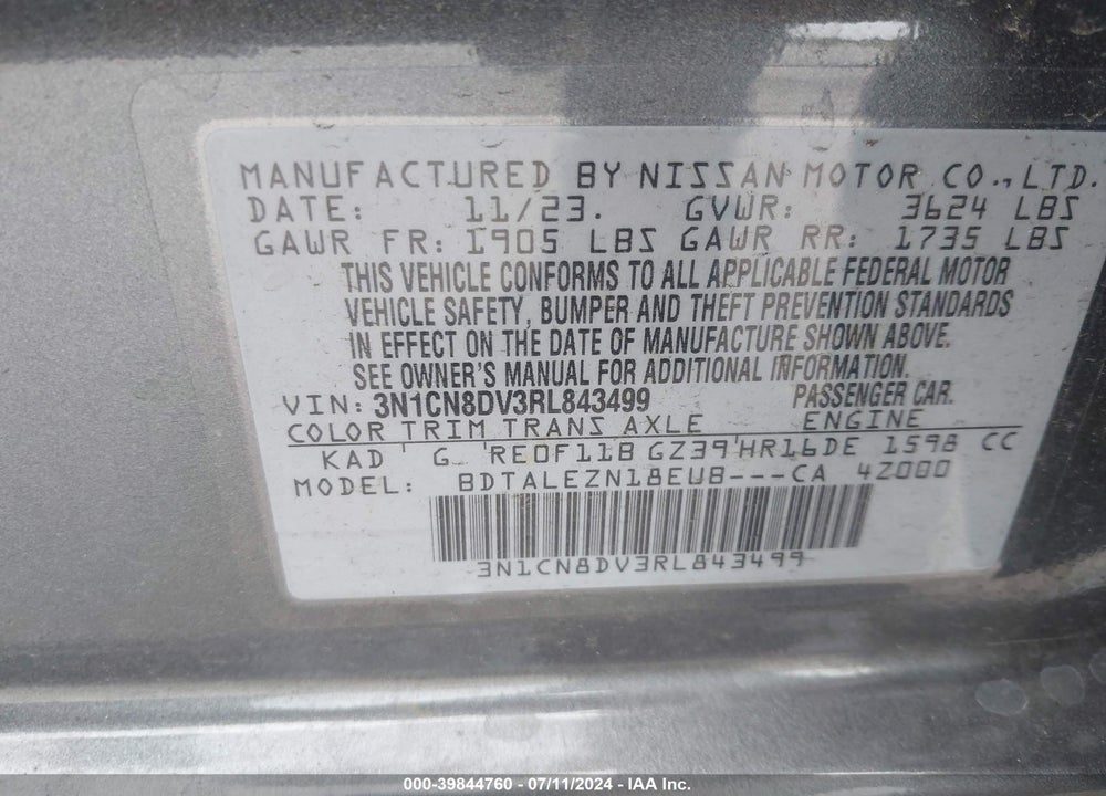 2024 NISSAN VERSA 1.6 S+ VIN: 3N1CN8DV3RL843499