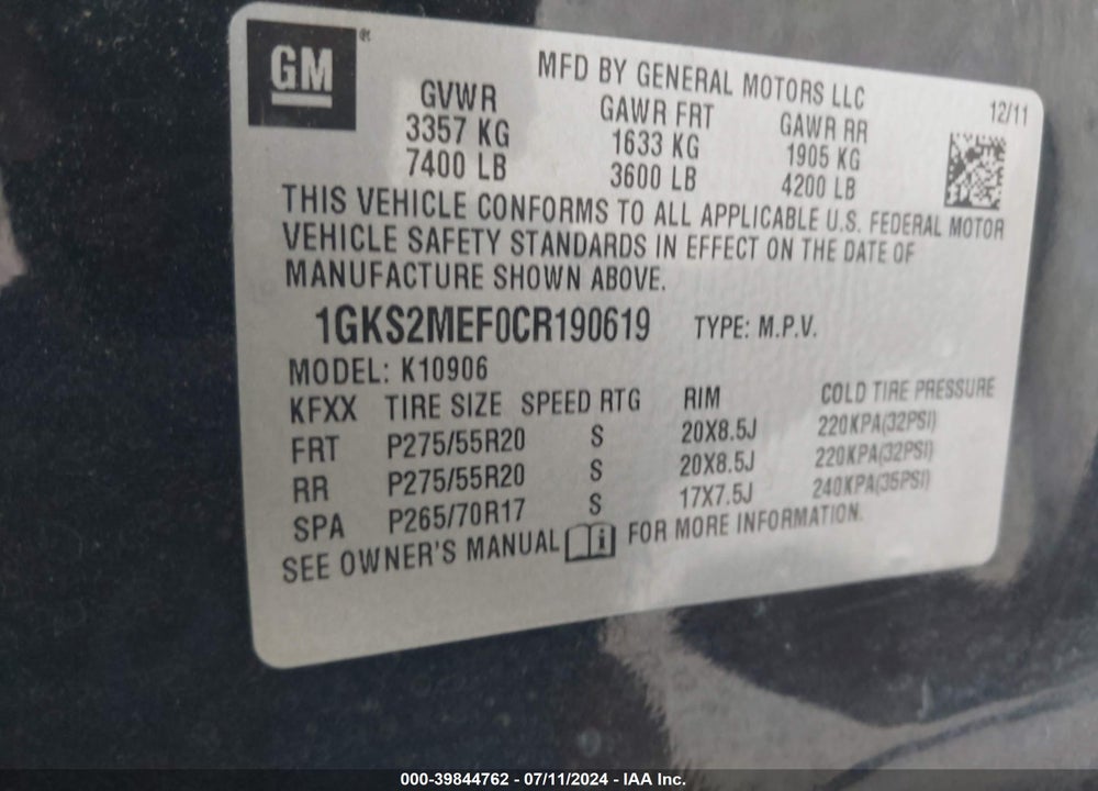 2012 GMC YUKON XL 1500 DENALI VIN: 1GKS2MEF0CR190619
