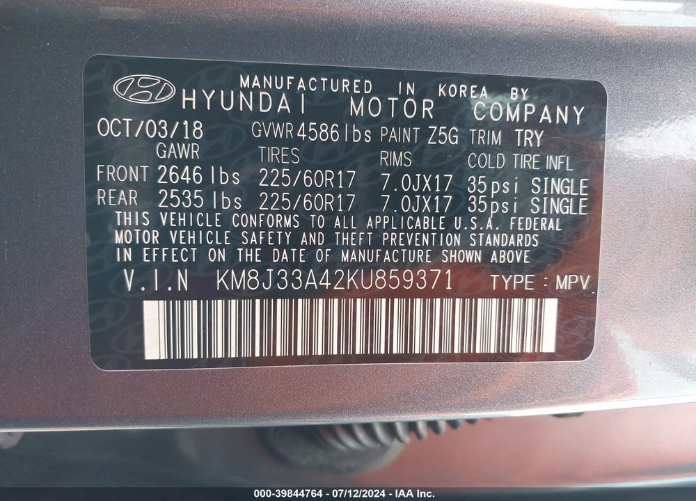 2019 HYUNDAI TUCSON VALUE VIN: KM8J33A42KU859371