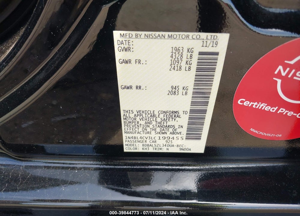 2020 NISSAN ALTIMA SR FWD VIN: 1N4BL4CV3LC199455