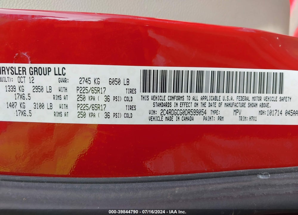 2013 DODGE GRAND CARAVAN SXT VIN: 2C4RDGCG0DR599054