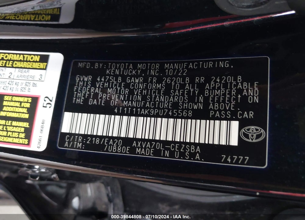 2023 TOYOTA CAMRY SE VIN: 4T1T11AK9PU745568