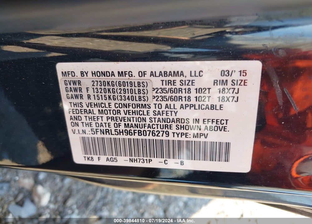 2015 HONDA ODYSSEY TOURING/TOURING ELITE VIN: 5FNRL5H96FB076279