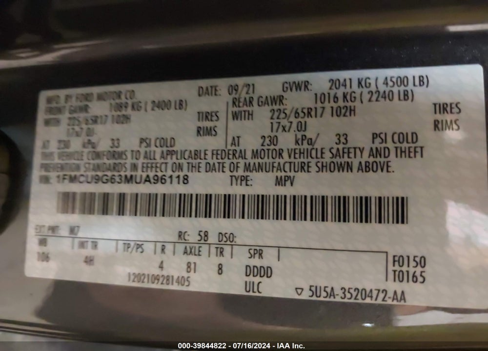 2021 FORD ESCAPE SE VIN: 1FMCU9G63MUA96118