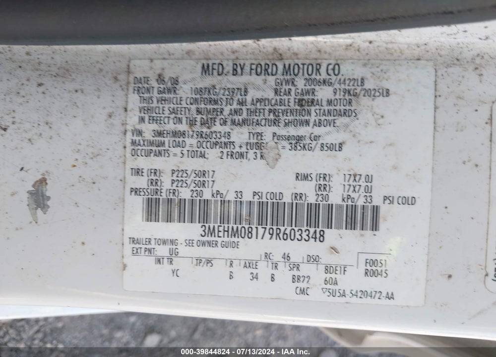 2009 MERCURY MILAN V6 PREMIER VIN: 3MEHM08179R603348