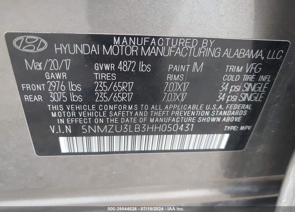 2017 HYUNDAI SANTA FE SPORT 2.4L VIN: 5NMZU3LB3HH050431