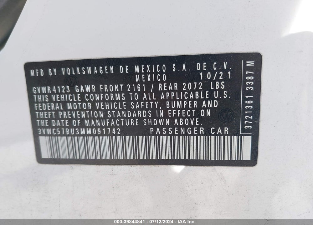 2021 VOLKSWAGEN JETTA 1.4T R-LINE/1.4T S/1.4T SE VIN: 3VWC57BU3MM091742