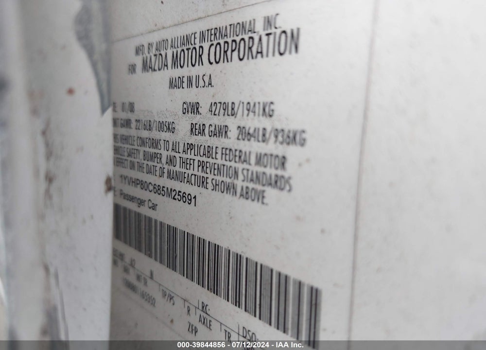 2008 MAZDA 6 VIN: 1YVHP80C685M25691