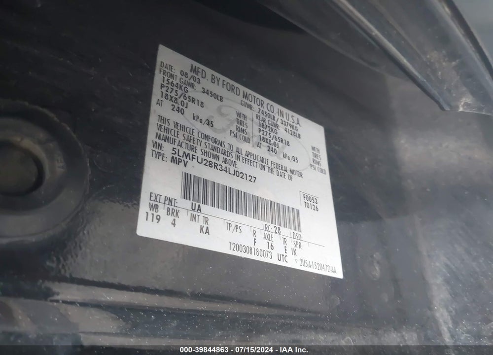 2004 LINCOLN NAVIGATOR VIN: 5LMFU28R34LJ02127