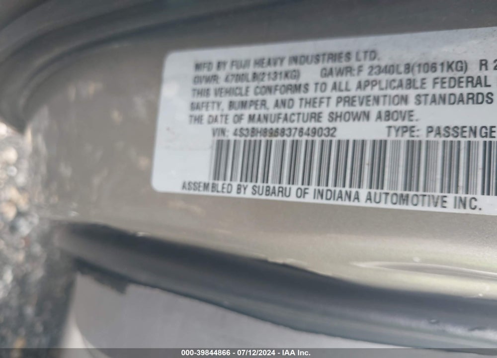 2003 SUBARU OUTBACK H6-3.0 VDC VIN: 4S3BH896837649032