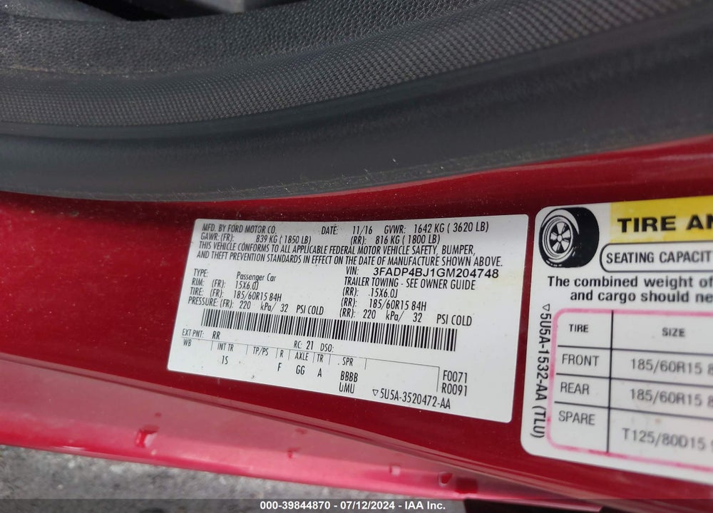 2016 FORD FIESTA SE VIN: 3FADP4BJ1GM204748