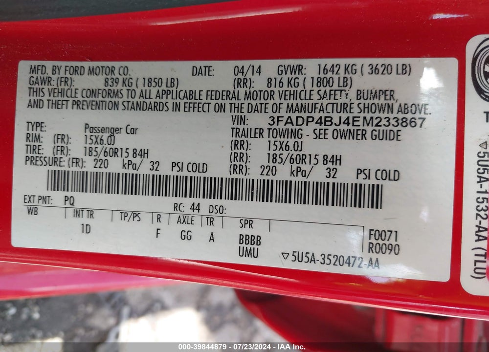 2014 FORD FIESTA SE VIN: 3FADP4BJ4EM233867