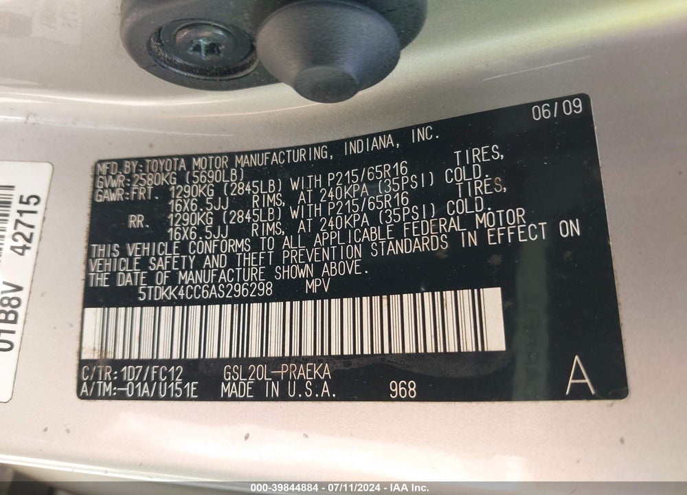 2010 TOYOTA SIENNA LE VIN: 5TDKK4CC6AS296298
